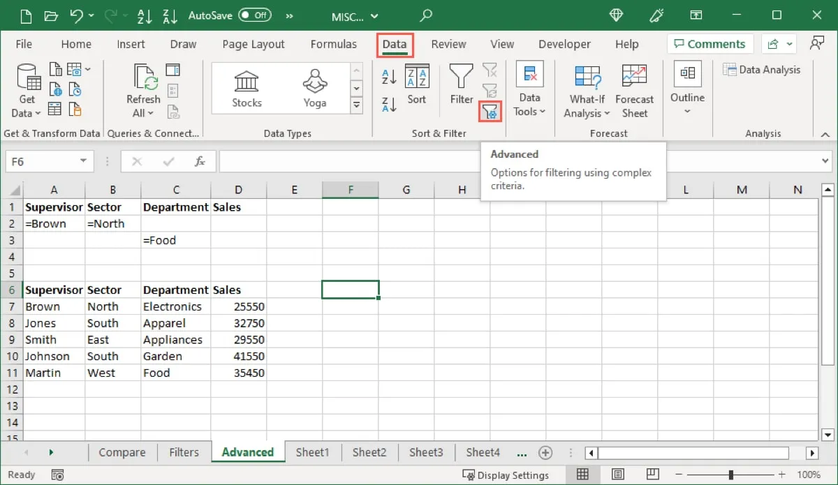 Excel の [データ] タブの高度なフィルター