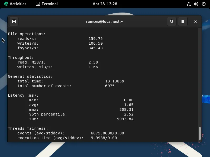 Rocky Linux でのファイル IO の結果のスクリーンショット。