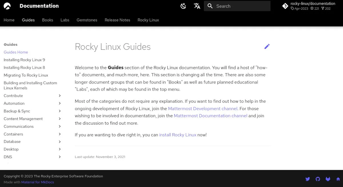 Rocky Linux ドキュメント ページのスクリーンショット。