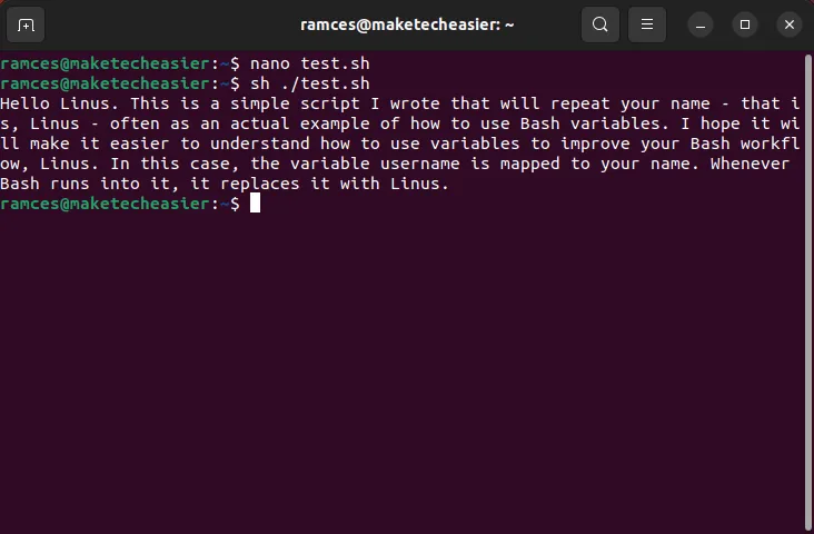 Un terminale che mostra uno script di base con più sostituzioni di variabili.