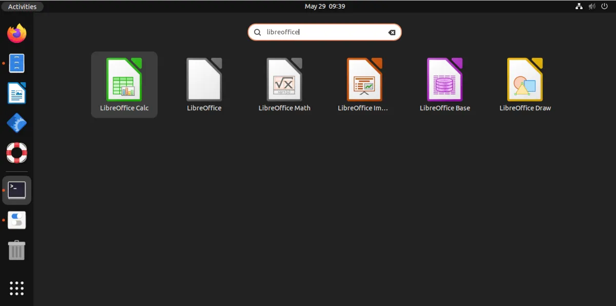 Ein Screenshot des Ubuntu-Menübildschirms mit allen Libreoffice-Symbolen.