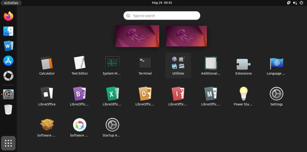 Ein Screenshot des Ubuntu-Menübildschirms mit dem Mojave-CT-Symbolthema.