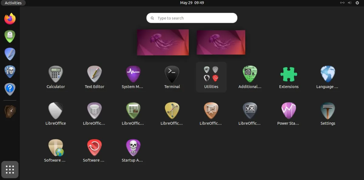 Ein Screenshot des Ubuntu-Menübildschirms mit dem Symbolthema „Dominus Funeral“.