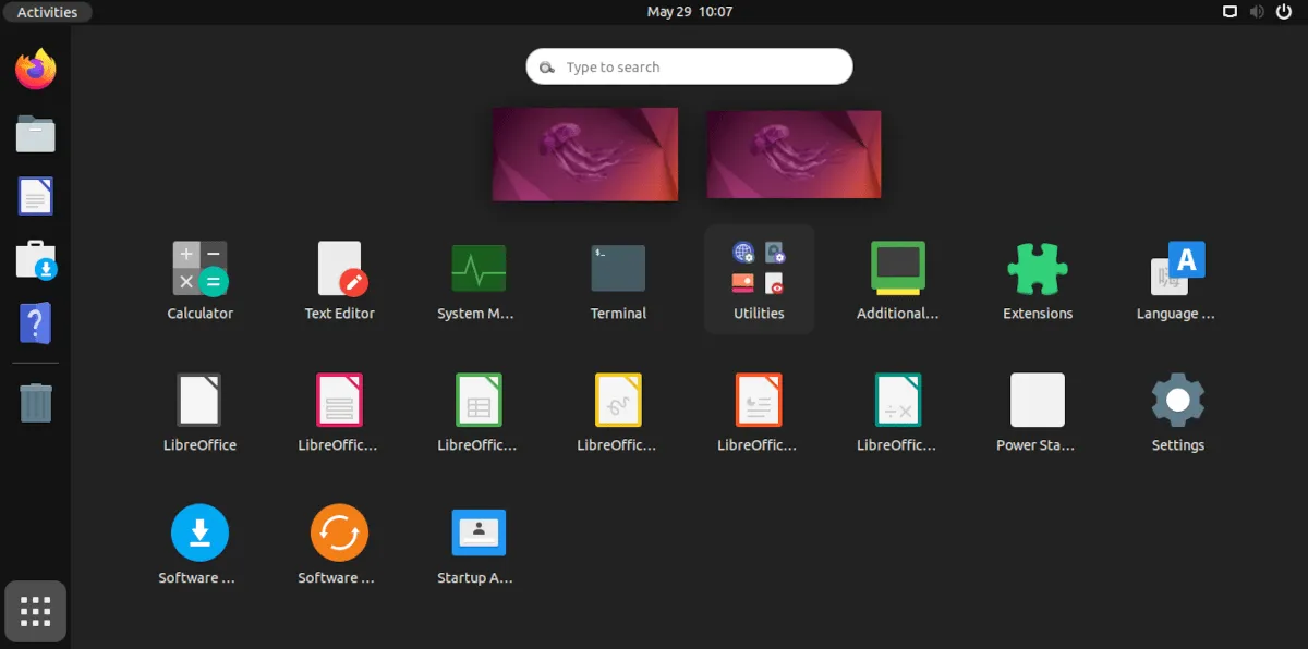 Ein Screenshot des Ubuntu-Menübildschirms mit dem Papiersymbol-Thema.