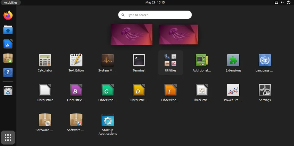 具有黑曜石圖標主題的 Ubuntu 菜單屏幕的屏幕截圖。