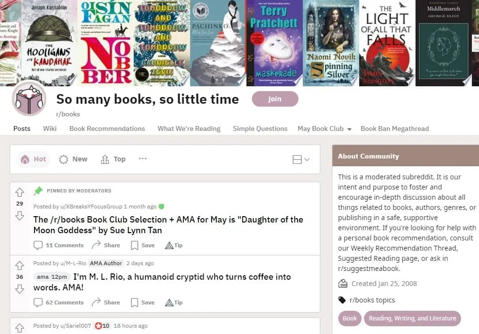 Subreddit-weergave van boeken.