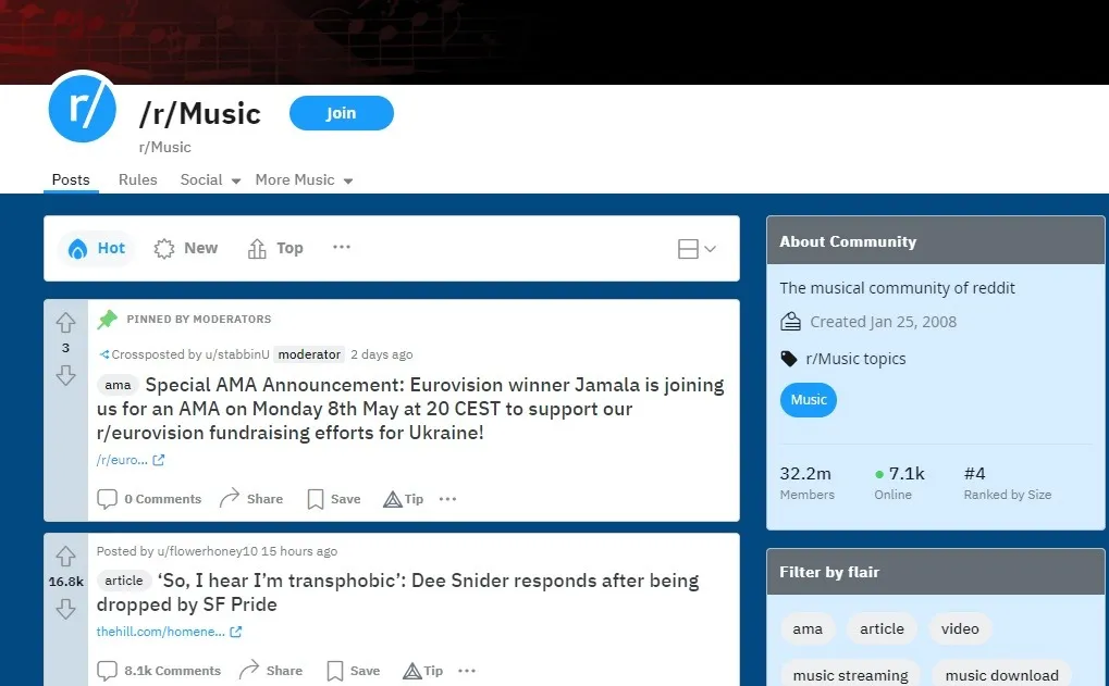 Muziek subreddit-weergave.