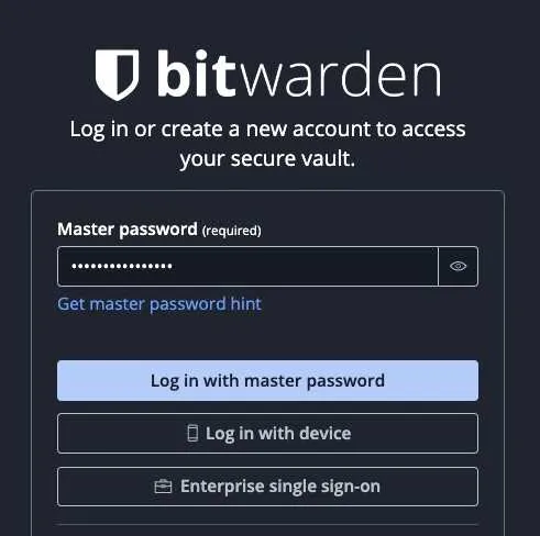 BitWarden-Anmeldebildschirm