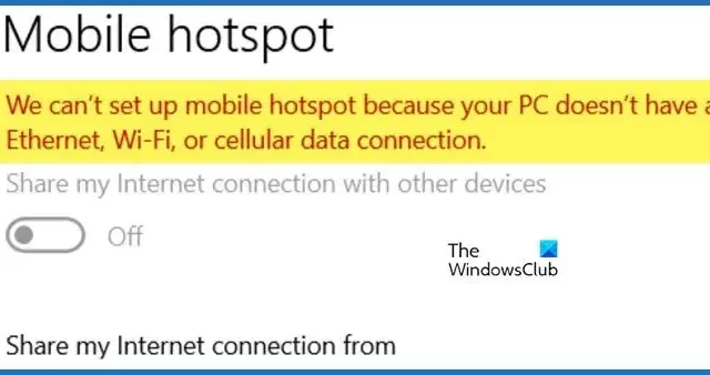 Non possiamo configurare un hotspot mobile perché il tuo PC non dispone di una rete Ethernet