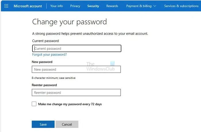 パスワードを変更する Microsoft オンライン セキュリティ