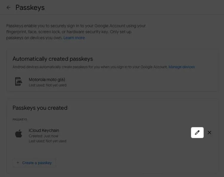 Cambia il nome della tua passkey, fai clic sul pulsante Modifica