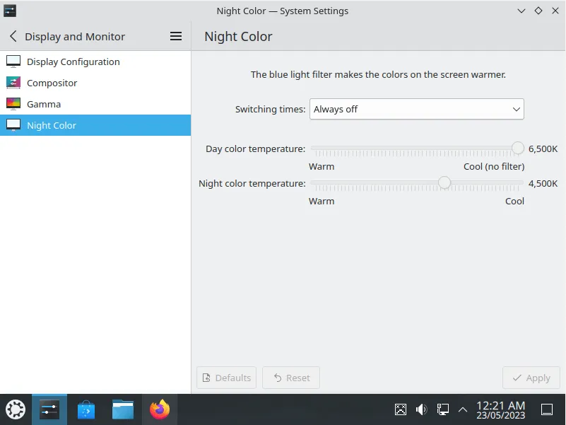 顯示 KDE 夜燈功能的屏幕截圖。