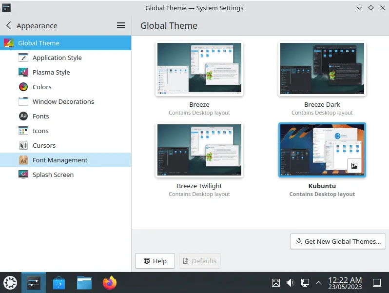 Ein Screenshot, der die verschiedenen in KDE verfügbaren Themen zeigt.