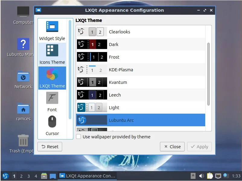Une capture d'écran montrant les différents thèmes disponibles pour LXQt.