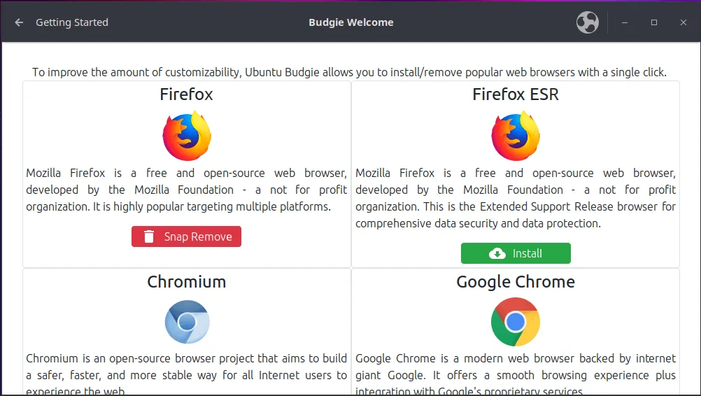 Uno screenshot che mostra i diversi browser Web disponibili in Budgie.