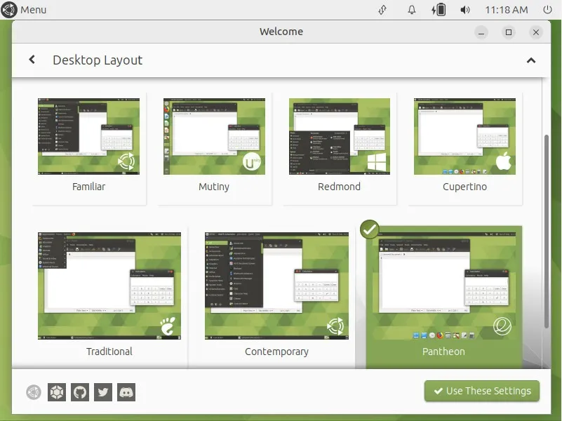 Uno screenshot che mostra i diversi layout del desktop disponibili in MATE.