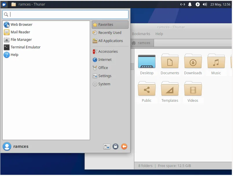 Uno screenshot che mostra il pannello dei menu e il file manager in Xubuntu.
