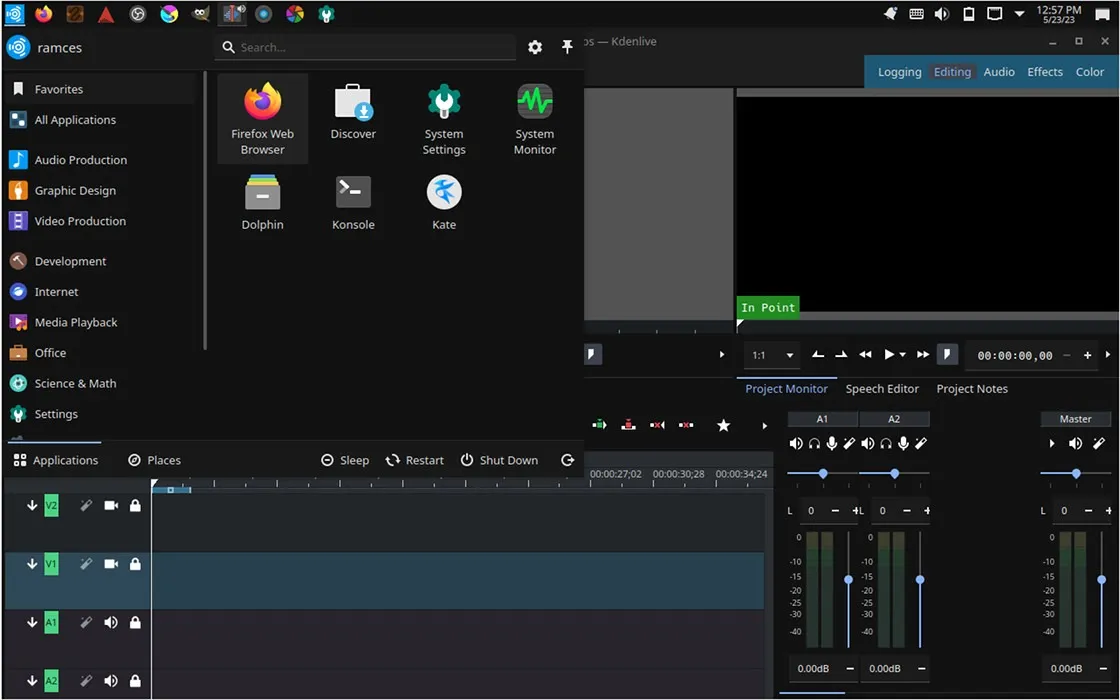 Kdenlive を実行している Ubuntu Studio を示すスクリーンショット。
