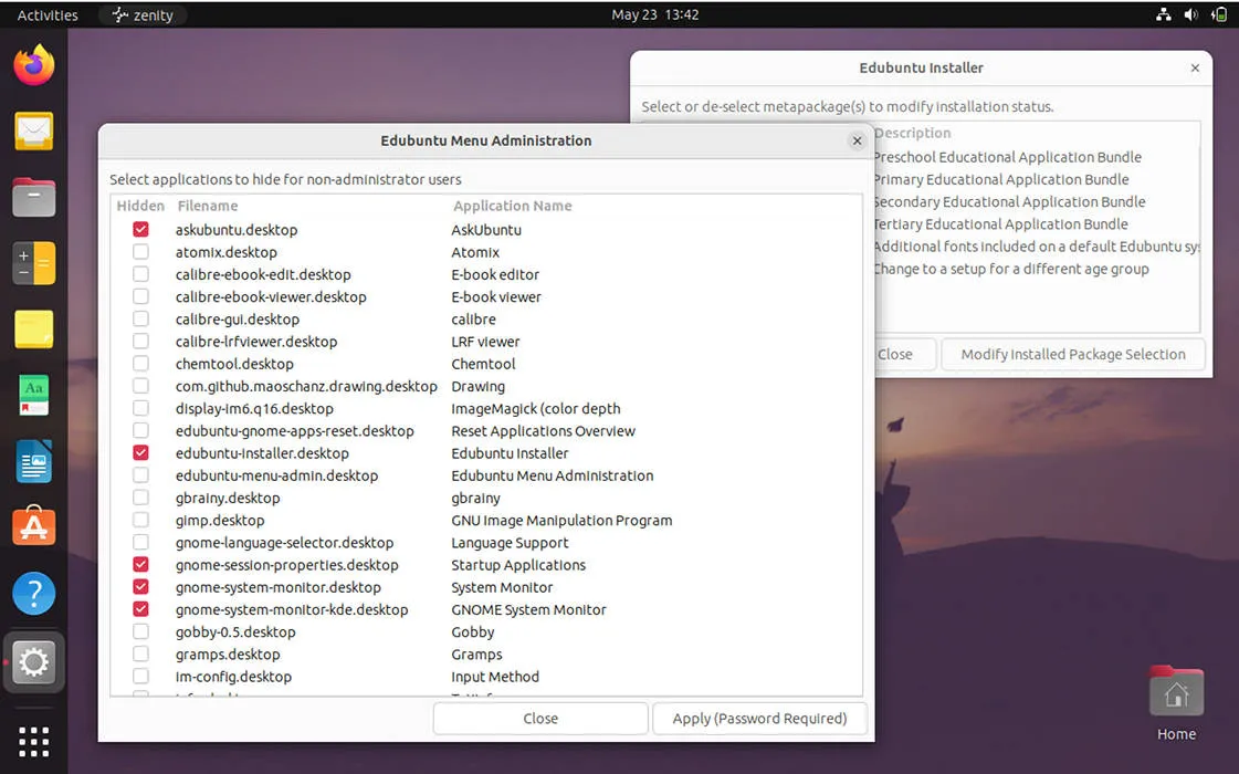 Edubuntu のさまざまな管理プログラムを示すスクリーンショット。