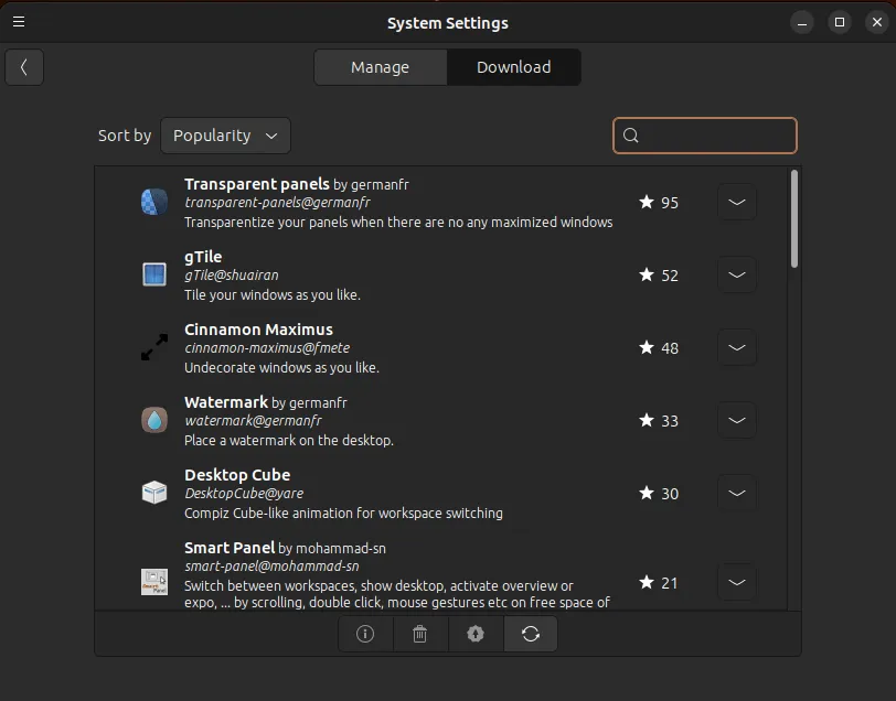 Ubuntu Cinnamon で利用可能なスパイスのリストを示すスクリーンショット。