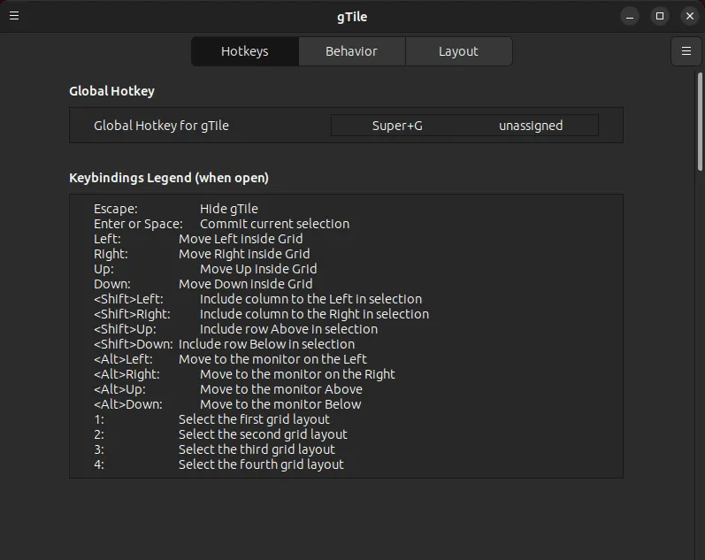 gTile スパイス プログラムのオプションのリストを示すスクリーンショット。