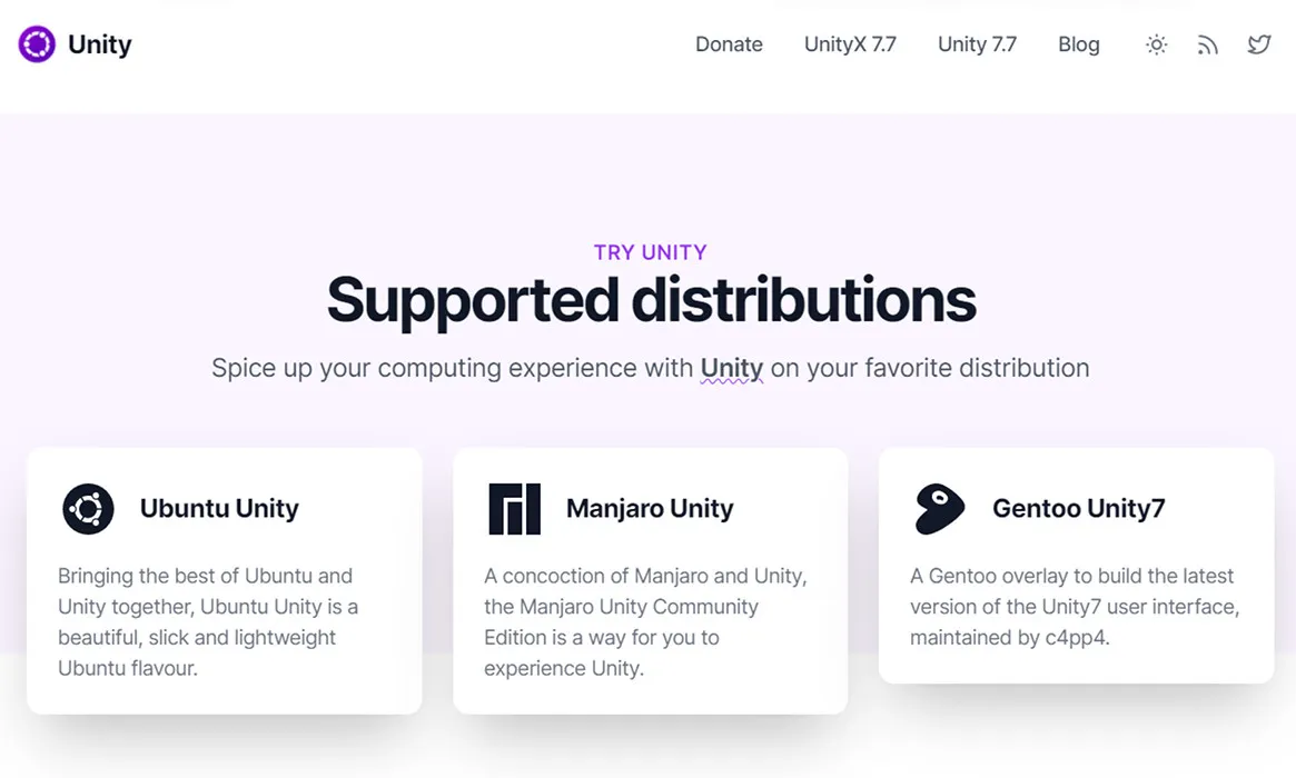 Uno screenshot di una pagina Web che mostra un elenco di distribuzioni che possono eseguire Unity7.