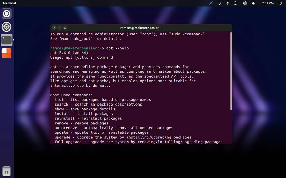Ubuntu Unity で実行されている apt プログラムを示すスクリーンショット。
