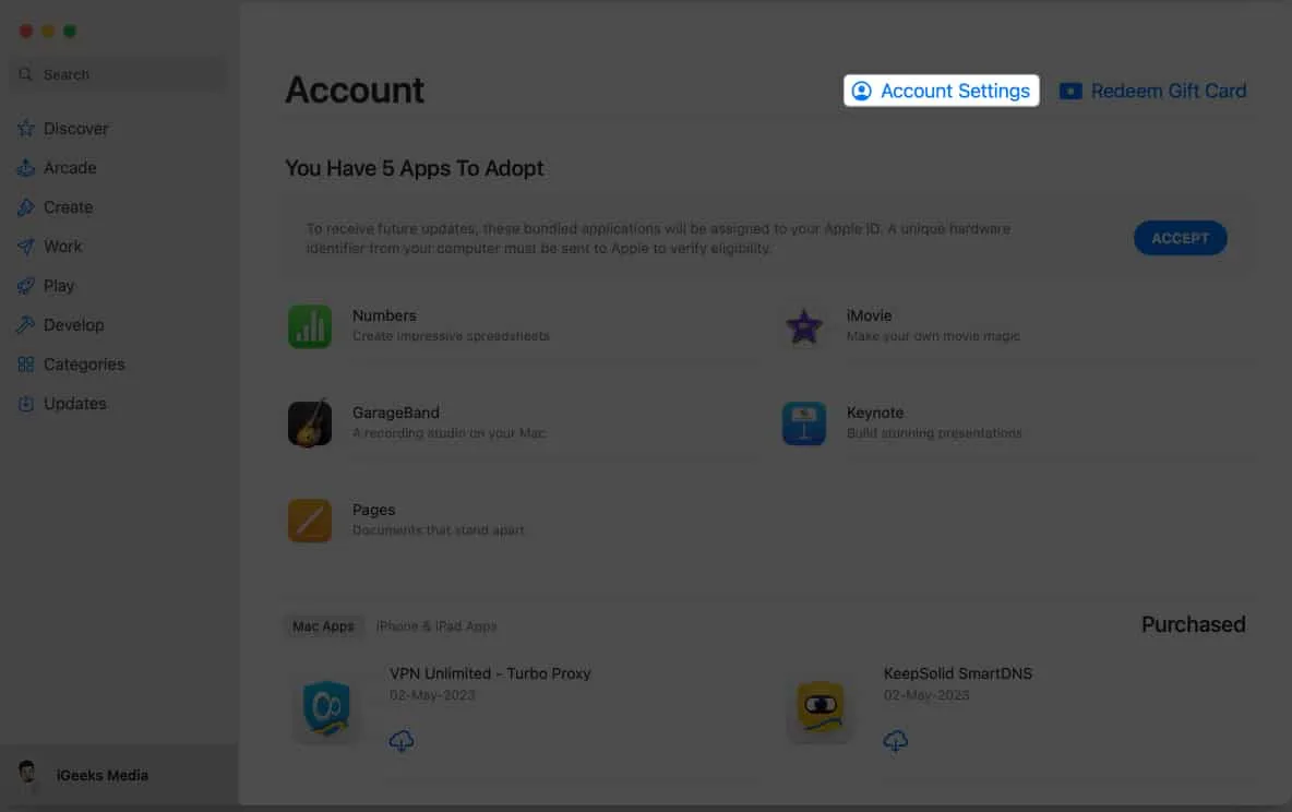Klik op Accountinstellingen in de App Store