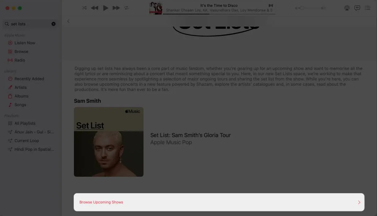 Mac の Apple Music で「今後の番組を参照」をクリックします
