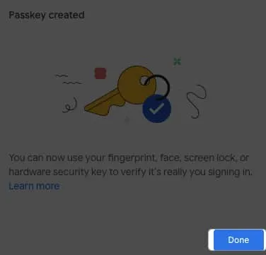 Fai clic su Fine per creare la passkey