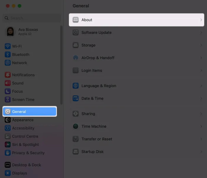 Mac の場合は、「一般」、「バージョン情報」をクリックします。