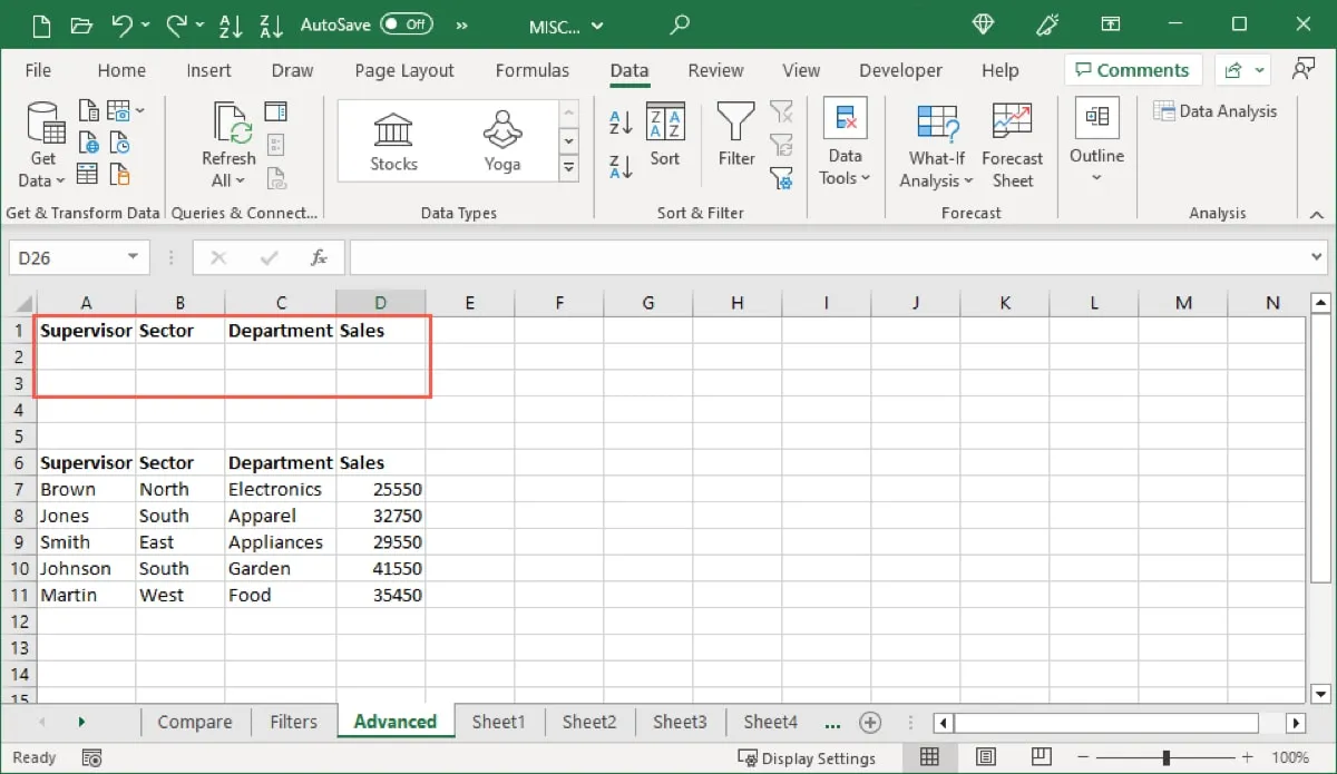 高度な Excel フィルターの基準範囲