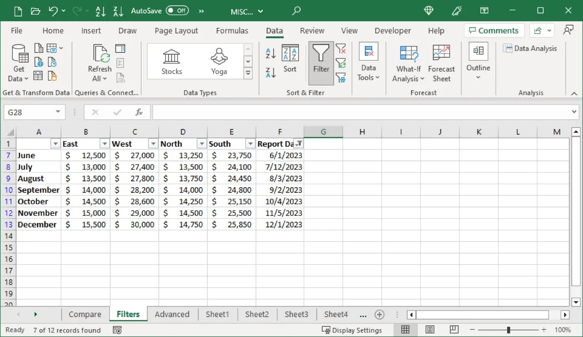Excel で適用される日付フィルター