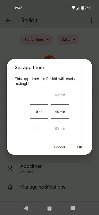 Impostazione del timer dell'app in Benessere digitale.
