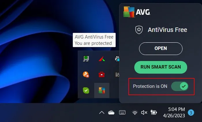 Windows タスクバーから AVG 保護を無効にします。