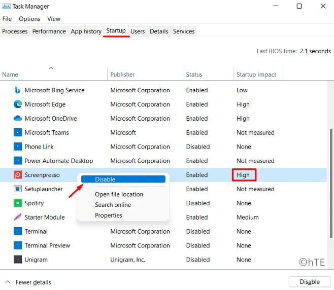 Désactiver l'application de démarrage à impact élevé sur Windows 11