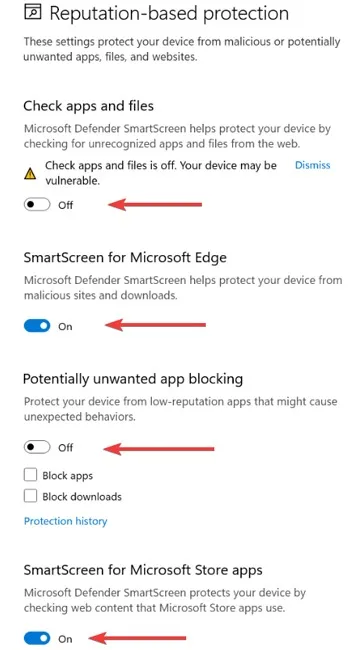 Désactiver les paramètres de protection basés sur la réputation de Smartscreen