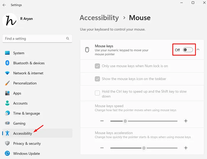 Disabilita utilizzando i tasti del mouse in Accessibilità
