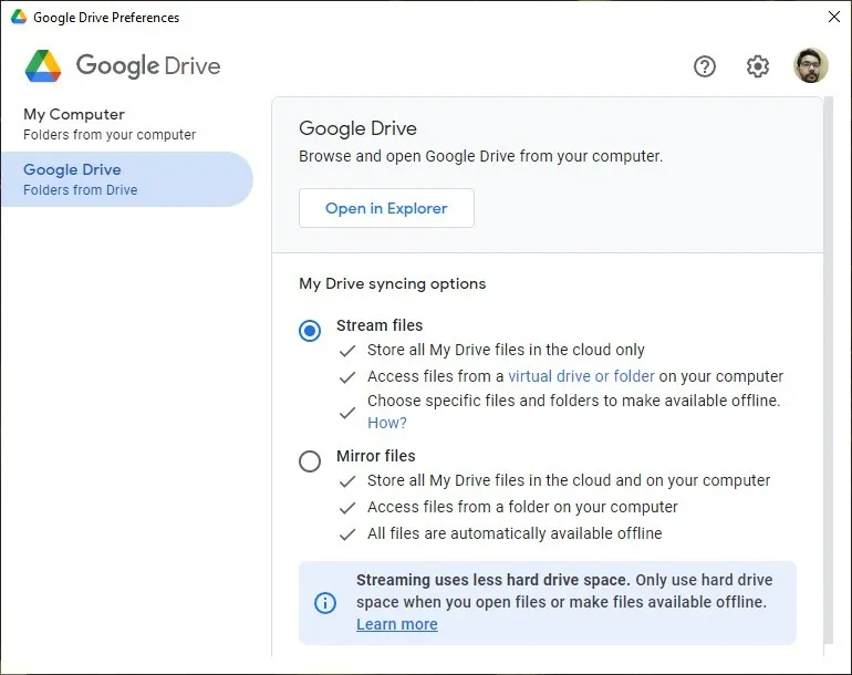 Affichage de l'interface Google Drive dans Windows.