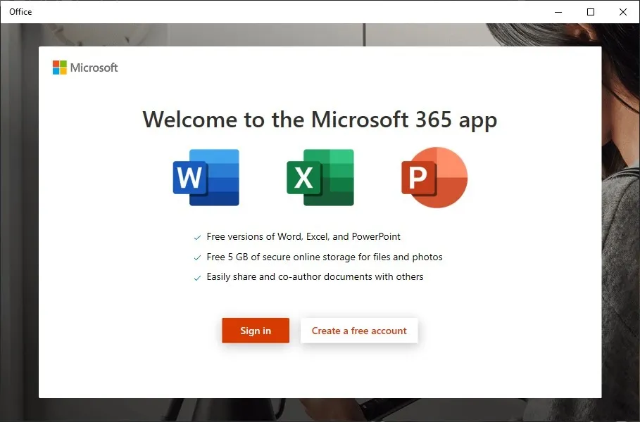 Écran de connexion Microsoft 365 dans Windows.