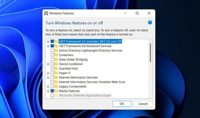 Comprobación de las opciones relacionadas con .NET en Características de Windows.