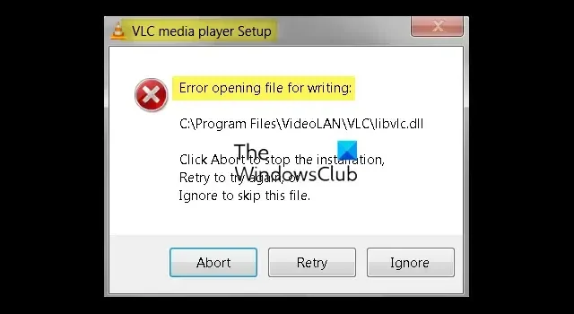 Fout bij het openen van het bestand voor het schrijven van een VLC Setup-fout