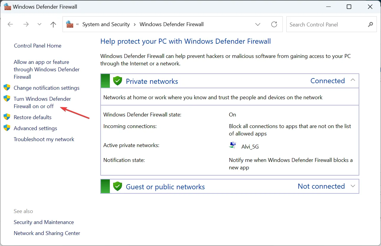 schakel de Windows Defender-firewall uit om foutcode 80090034 te herstellen