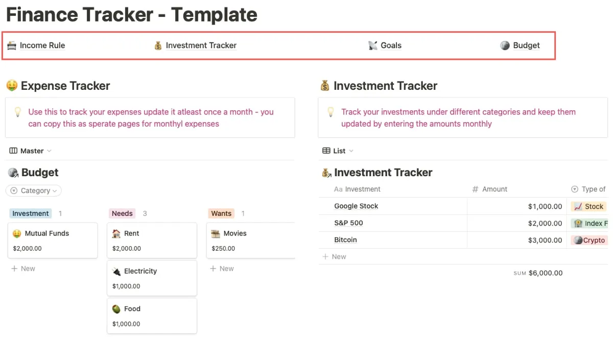 Finance Tracker hoofdpagina