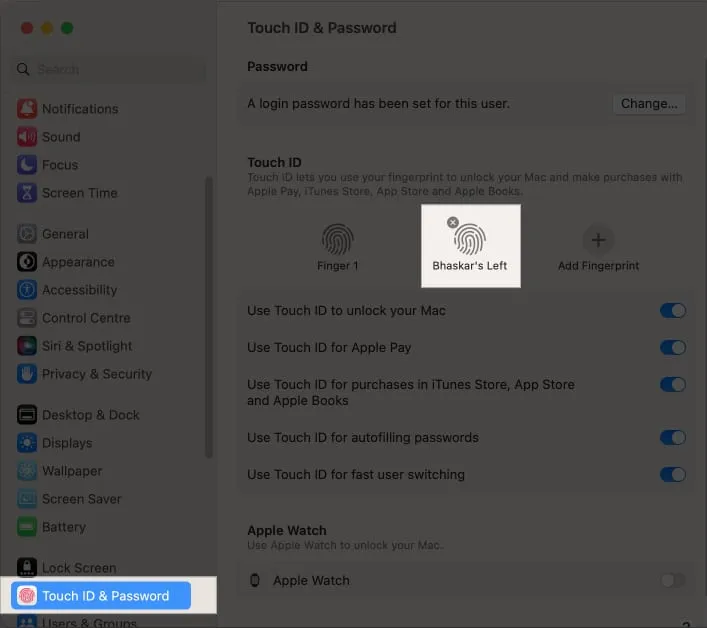 Ga naar Touch ID & wachtwoord en plaats de muisaanwijzer op de vinger [naam] die u wilt verwijderen