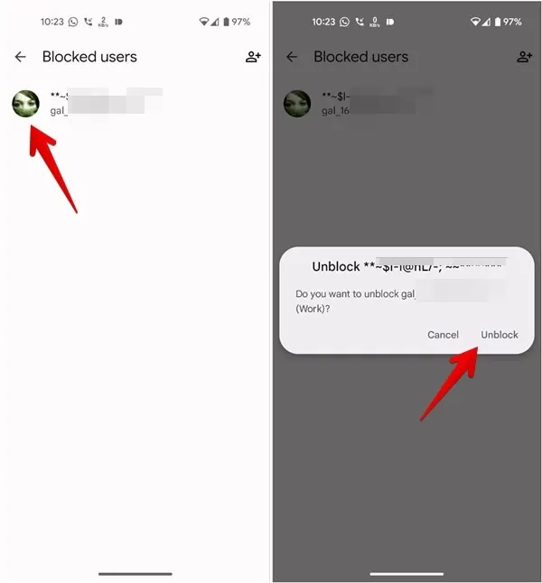 Google Meet アプリのブロックされたユーザー リストと 1 つの連絡先のブロック解除。