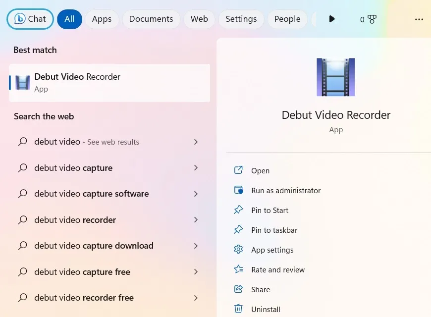 Debut Video Recorder lanciato nel menu di ricerca.