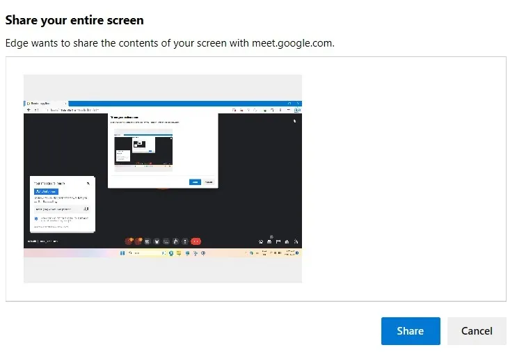 Google Meet condivide l'intero schermo in una finestra del browser.