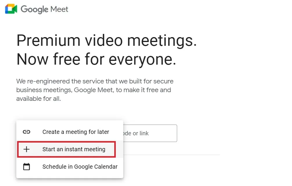 Avvia una riunione istantanea in Google Meet online.