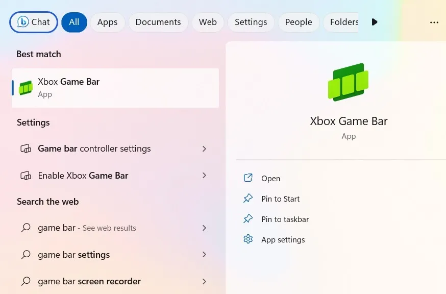 Avvia Xbox Game Bar dal menu di ricerca di Windows.